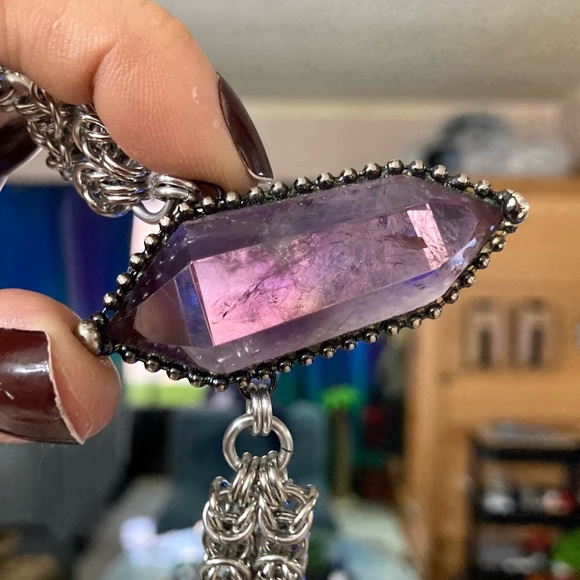 Handmade stainless steel maille necklace genuine big amethyst purple crystal - Picture 6 of 12